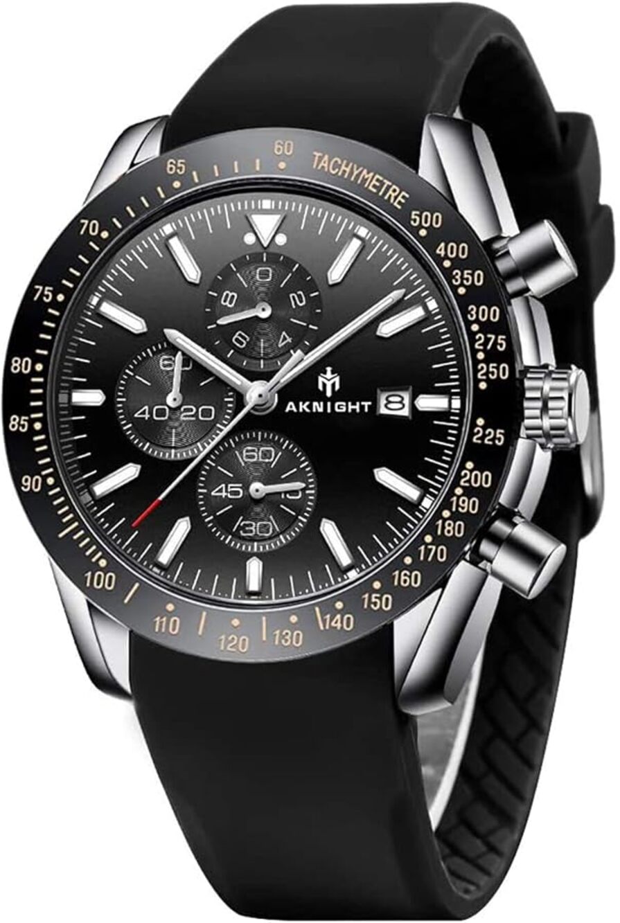 Men's Aknight 44mm Big Face Black & Silver w/ Silicone Strap